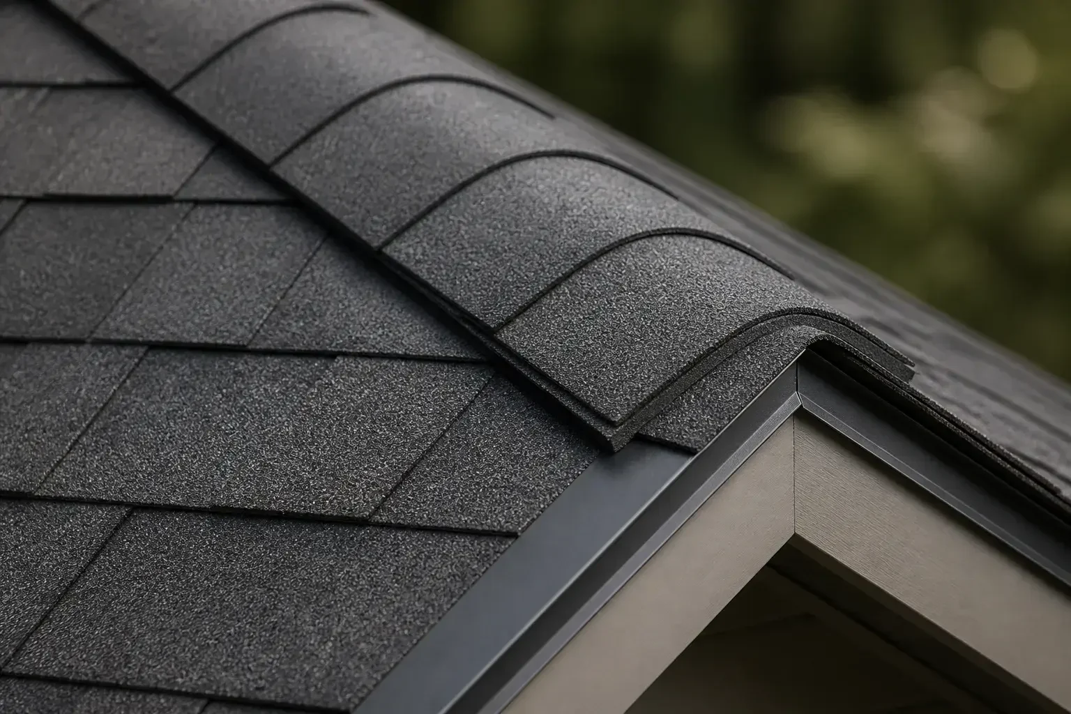 Close detail of fresh shingles and ridge flashing
