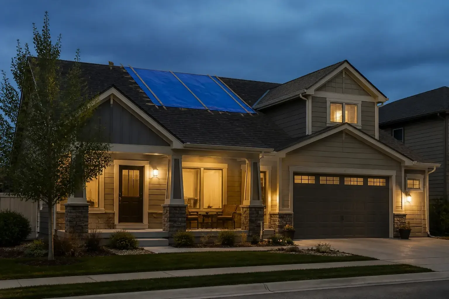 Temporary roof protection on a Denver home at dusk