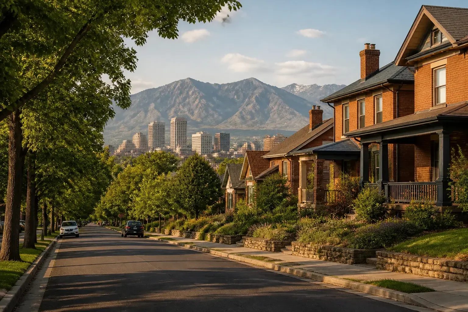 Denver neighborhood street with mountains in the distance