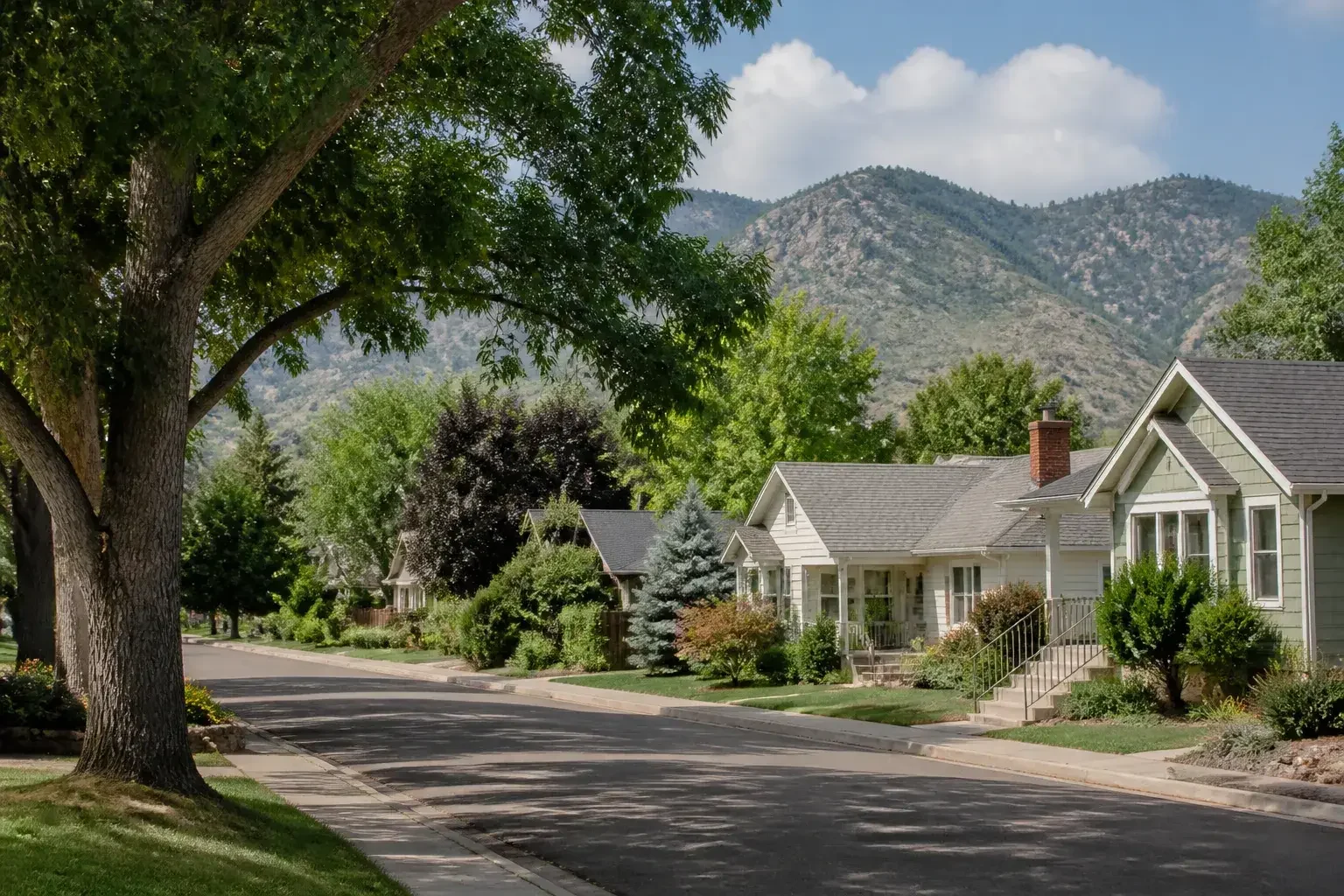 Lakewood neighborhood with trees and foothill views